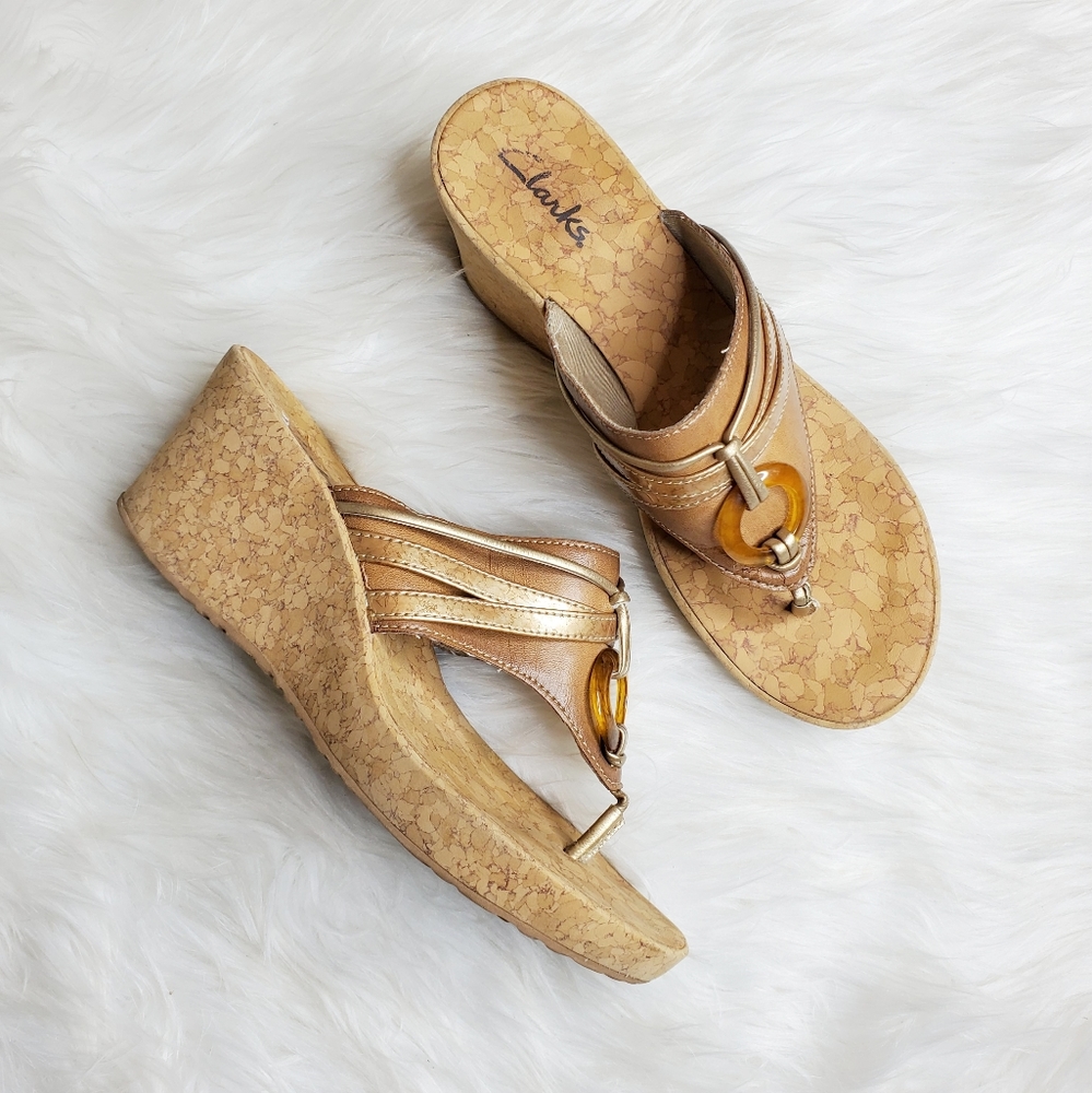 Clarks Gold Leather & Medallion Wedges